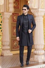 Elegant Black Color Art Silk Fabric Mens Indowestern