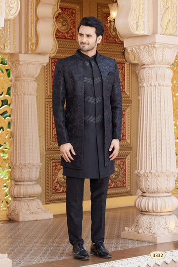Elegant Black Color Art Silk Fabric Mens Indowestern