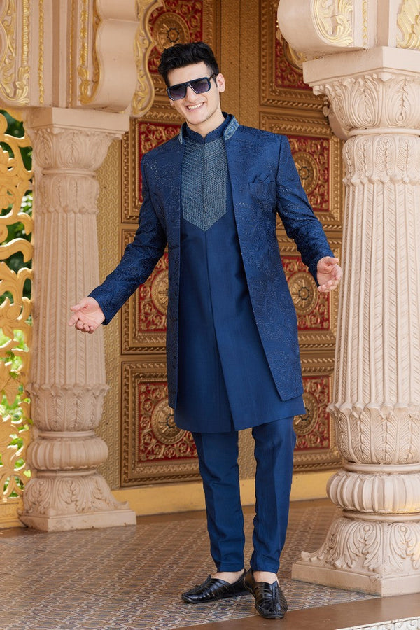Elegant Blue Color Art Silk Fabric Mens Indowestern