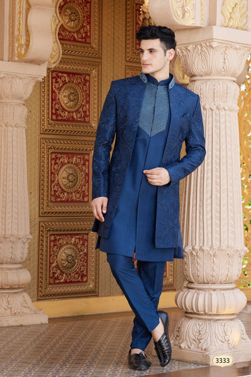 Elegant Blue Color Art Silk Fabric Mens Indowestern