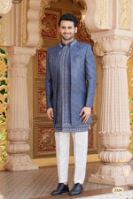 Elegant Grey Color Art Silk Fabric Mens Indowestern