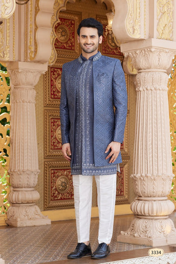 Elegant Grey Color Art Silk Fabric Mens Indowestern