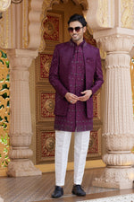 Elegant Wine Color Art Silk Fabric Mens Indowestern