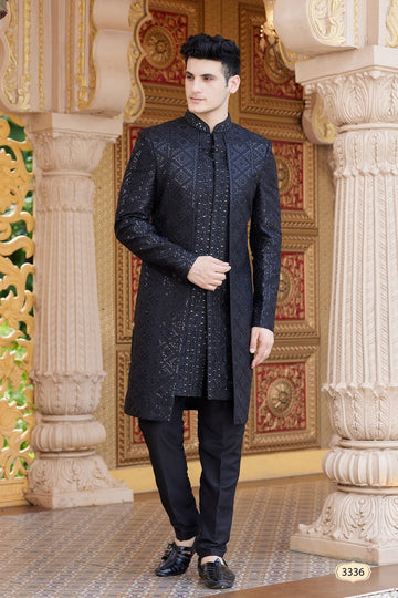 Elegant Black Color Art Silk Fabric Mens Indowestern
