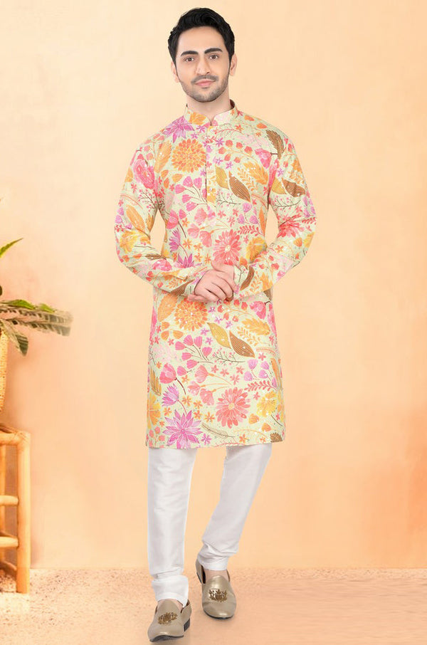Impressive Cream Color Silk Fabric Kurta Pajama