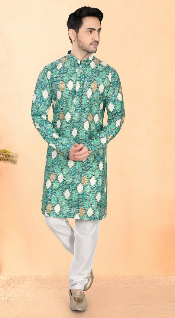 Impressive Green Color Silk Fabric Kurta Pajama