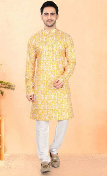 Impressive Yellow Color Silk Fabric Kurta Pajama