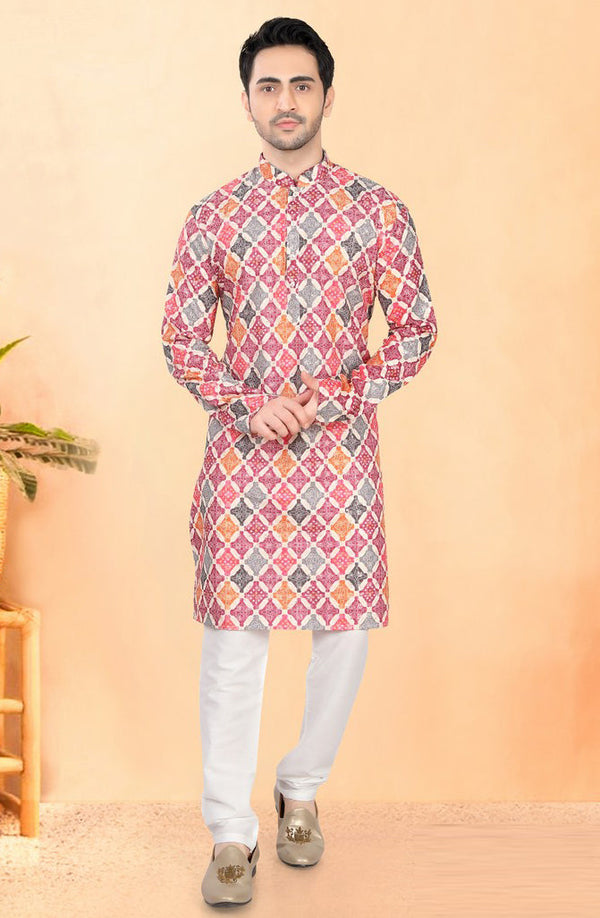 Impressive Cream Color Silk Fabric Kurta Pajama