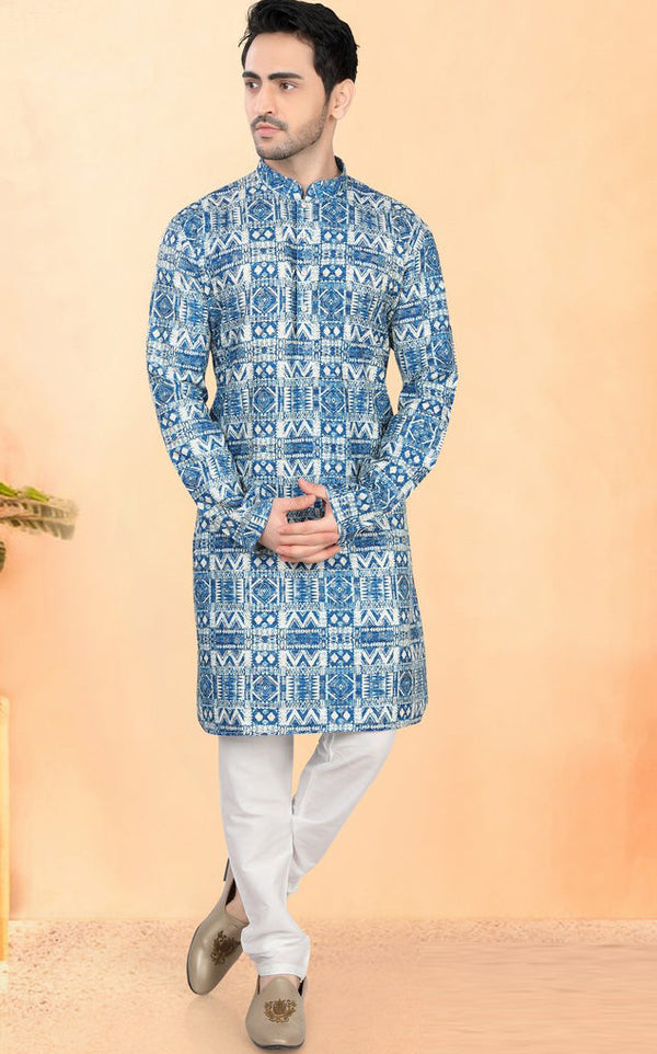 Impressive Blue Color Silk Fabric Kurta Pajama