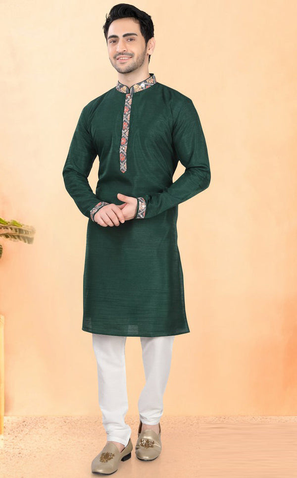 Impressive Green Color Silk Fabric Kurta Pajama