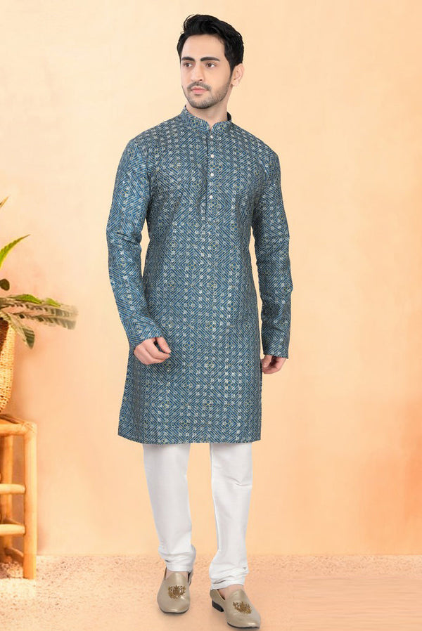 Impressive Grey Color Silk Fabric Kurta Pajama