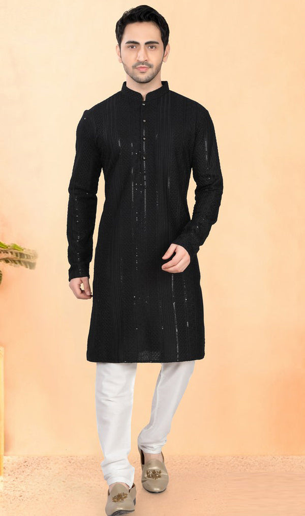 Impressive Black Color Silk Fabric Kurta Pajama