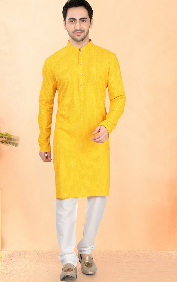 Impressive Yellow Color Silk Fabric Kurta Pajama