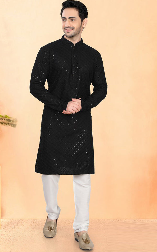 Impressive Black Color Silk Fabric Kurta Pajama
