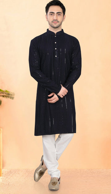 Impressive Blue Color Silk Fabric Kurta Pajama