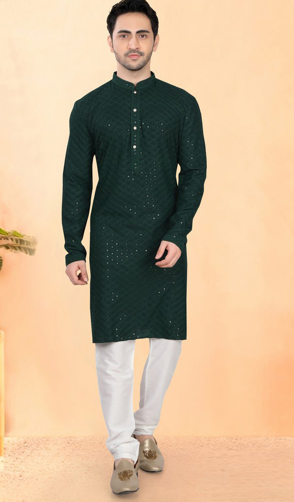 Impressive Green Color Silk Fabric Kurta Pajama
