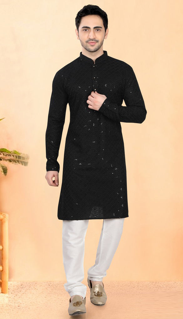Impressive Black Color Silk Fabric Kurta Pajama