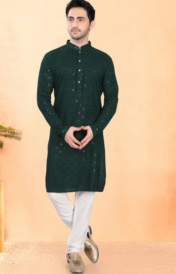 Impressive Green Color Silk Fabric Kurta Pajama