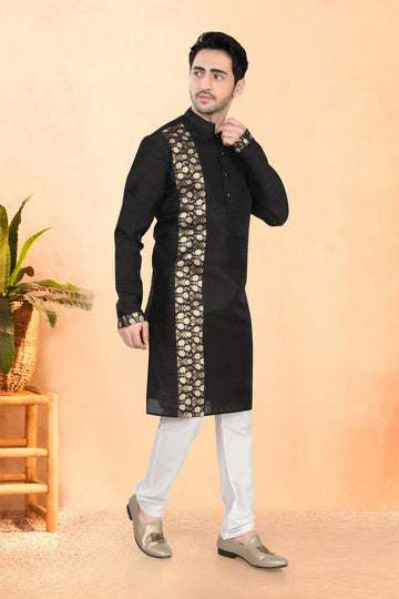 Impressive Black Color Silk Fabric Kurta Pajama