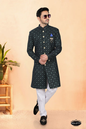Elegant Navy Blue Color Velvet Fabric Sherwani