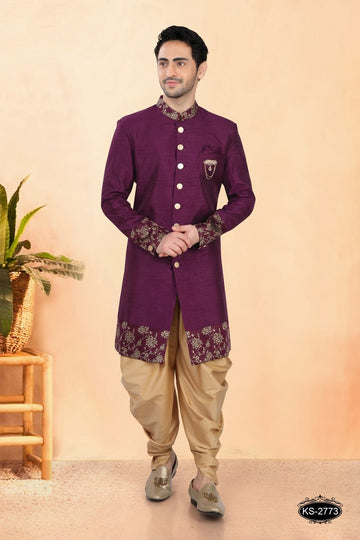 Elegant Purple Color Silk Fabric Sherwani