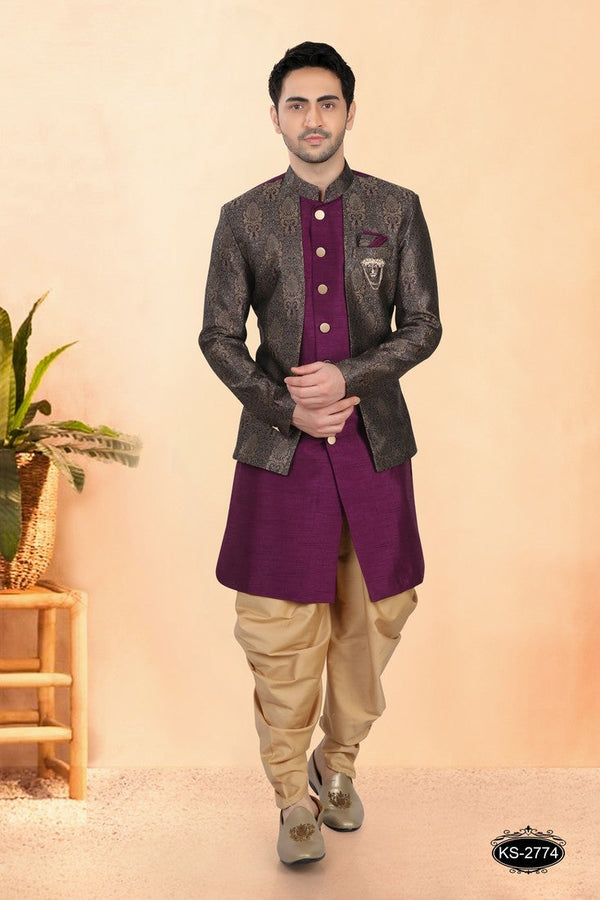 Elegant Purple Color Silk Fabric Sherwani