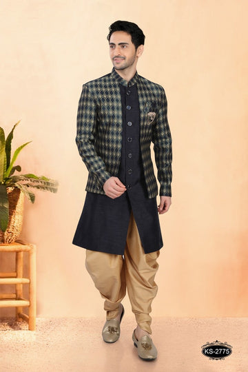 Elegant Navy Blue Color Silk Fabric Sherwani