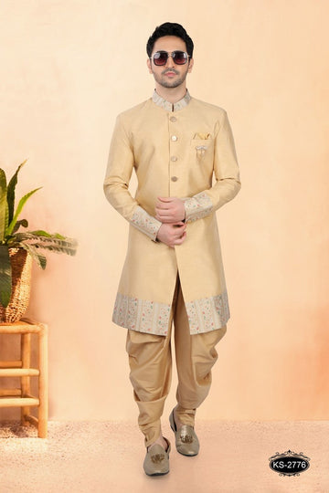 Elegant Golden Color Silk Fabric Sherwani