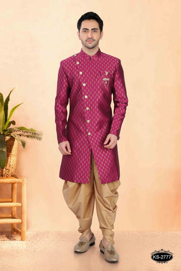 Elegant Magenta Color Jacquard Fabric Sherwani
