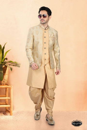 Elegant Golden Color Silk Fabric Sherwani