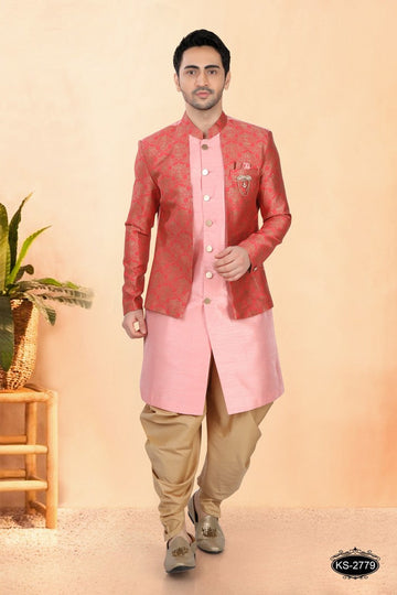Elegant Pink Color Silk Fabric Sherwani
