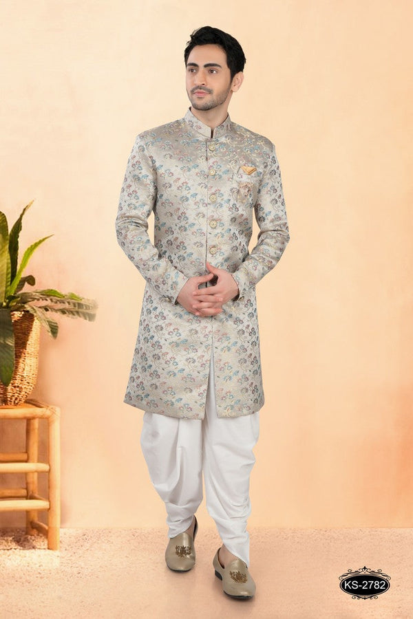 Elegant Grey Color Jacquard Fabric Sherwani