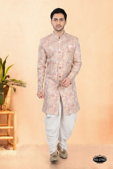 Elegant Peach Color Jacquard Fabric Sherwani