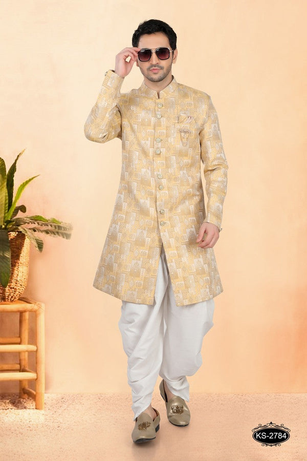 Elegant Yellow Color Velvet Fabric Sherwani