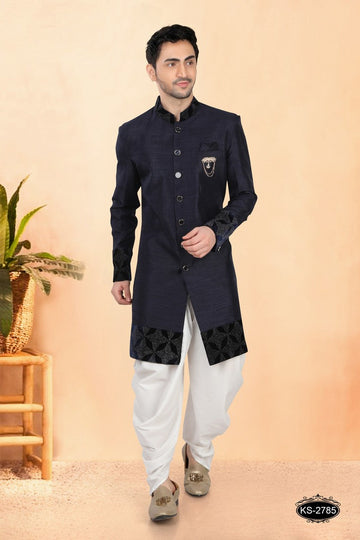 Elegant Navy Blue Color Silk Fabric Sherwani