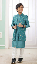 Elegant Turquoise Color Satin Fabric Boys Sherwani