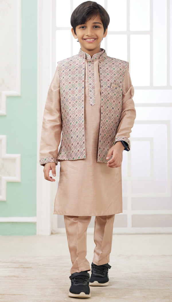 Elegant Beige Color Satin Fabric Boys Sherwani