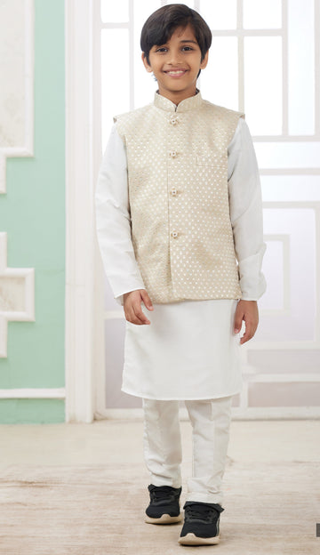 Elegant White Color Satin Fabric Boys Sherwani
