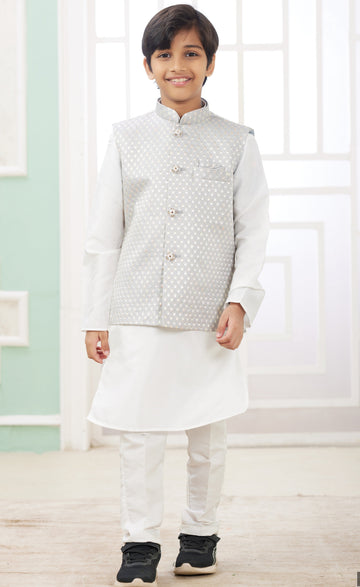Elegant White Color Satin Fabric Boys Sherwani