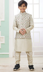 Elegant Cream Color Satin Fabric Boys Sherwani