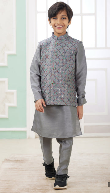 Elegant Grey Color Satin Fabric Boys Sherwani