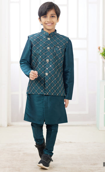 Elegant Teal Color Satin Fabric Boys Sherwani