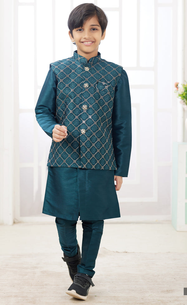Elegant Teal Color Satin Fabric Boys Sherwani