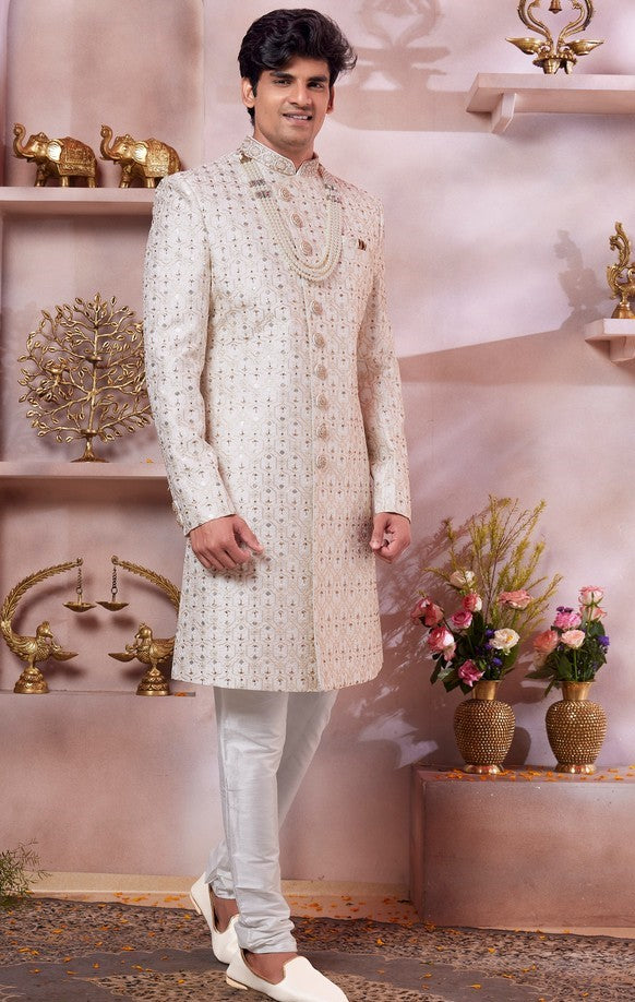 Ideal Cream Color Art Silk Fabric Sherwani