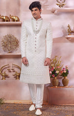Ideal Cream Color Art Silk Fabric Sherwani