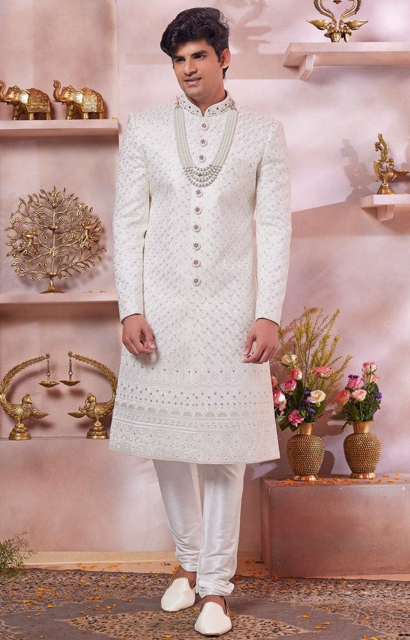 Ideal Cream Color Art Silk Fabric Sherwani