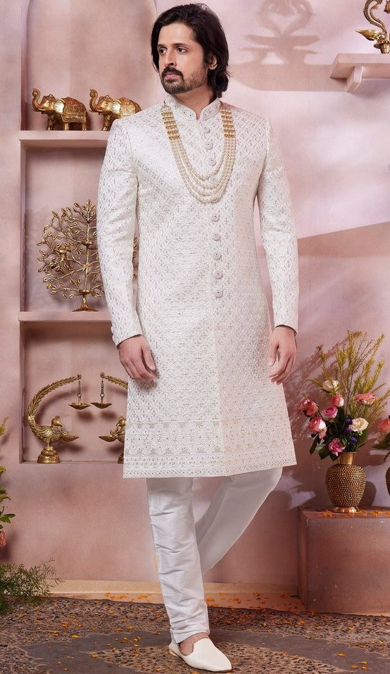 Ideal Cream Color Art Silk Fabric Sherwani