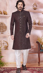 Ideal Maroon Color Velvet Fabric Sherwani