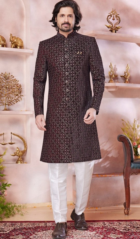 Ideal Maroon Color Velvet Fabric Sherwani