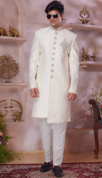 Ideal Cream Color Banarasi Fabric Sherwani